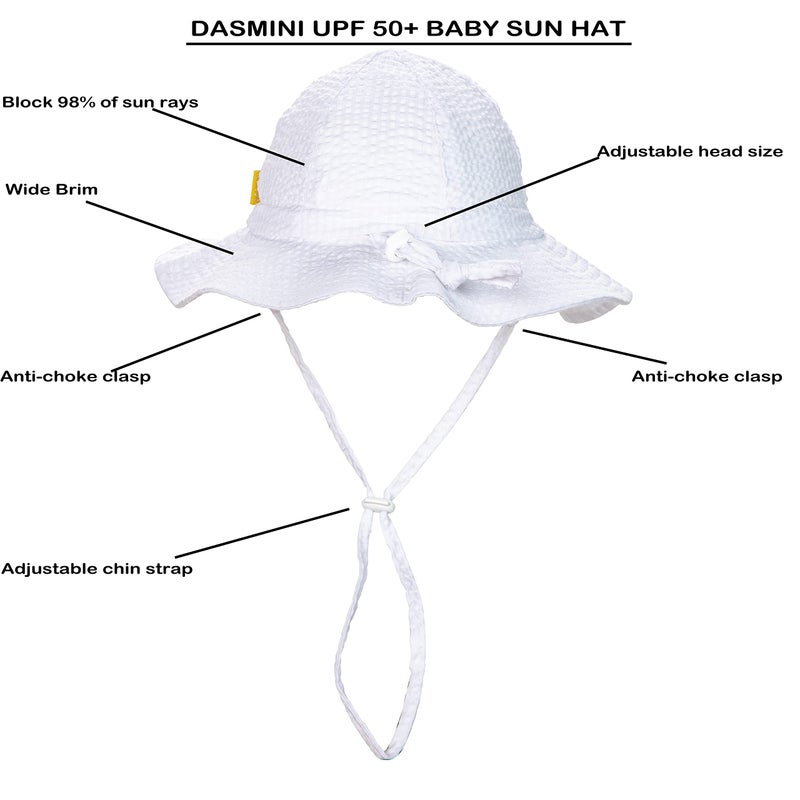 DASMINI Baby & Toddler Wide Brim Sun Hats UPF 50+ Sun Protection Bucket Cap Cute Adjustable Hat (wht Seersucker, 2-5T) - Image 2